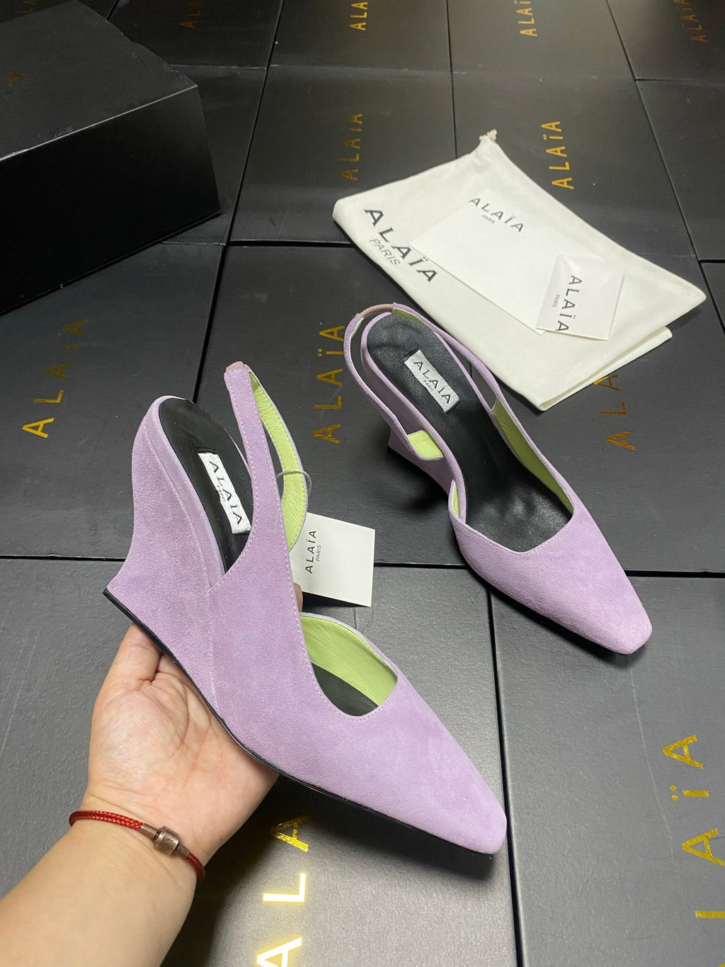ALAIA 26S WEDGE SLINGBACKS 95 MM IN PASTEL PURPLE SUEDE