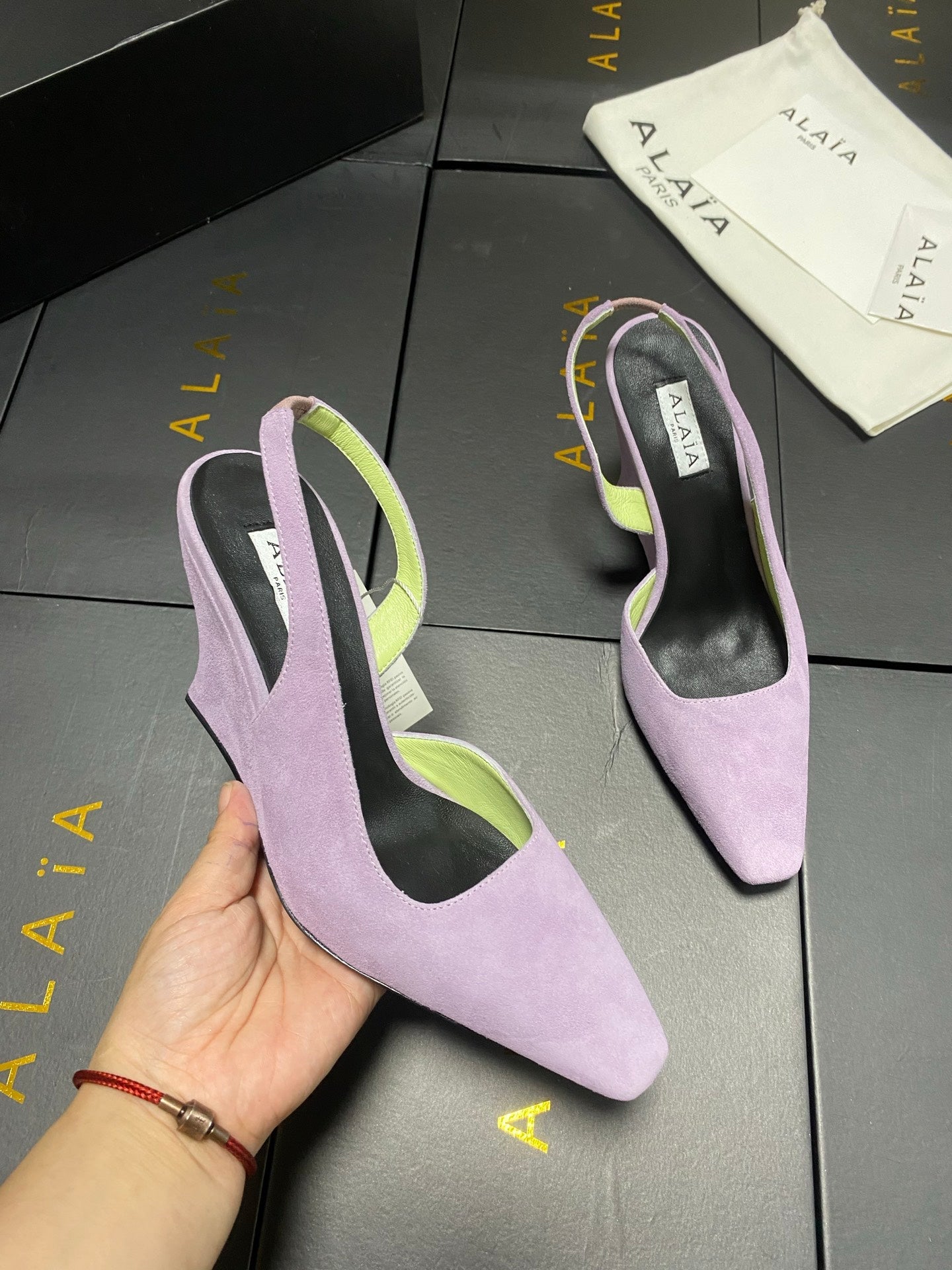 ALAIA 26S WEDGE SLINGBACKS 95 MM IN PASTEL PURPLE SUEDE