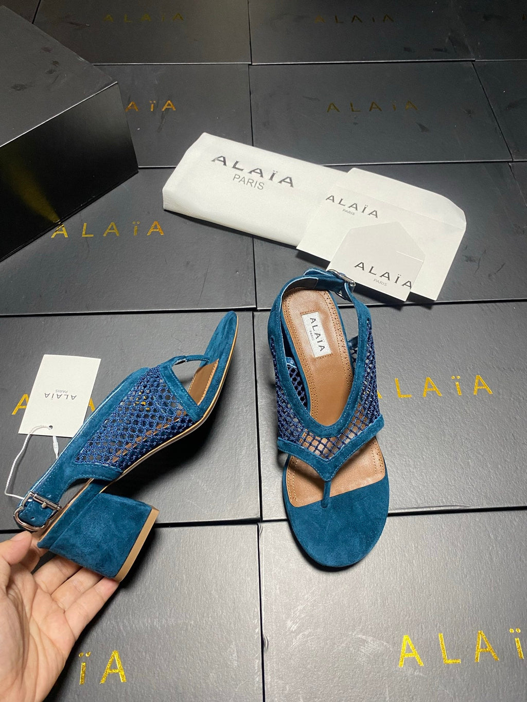 ALAIA 26S MESH THONG HEELS 55 MM IN PETROL BLUE SUEDE