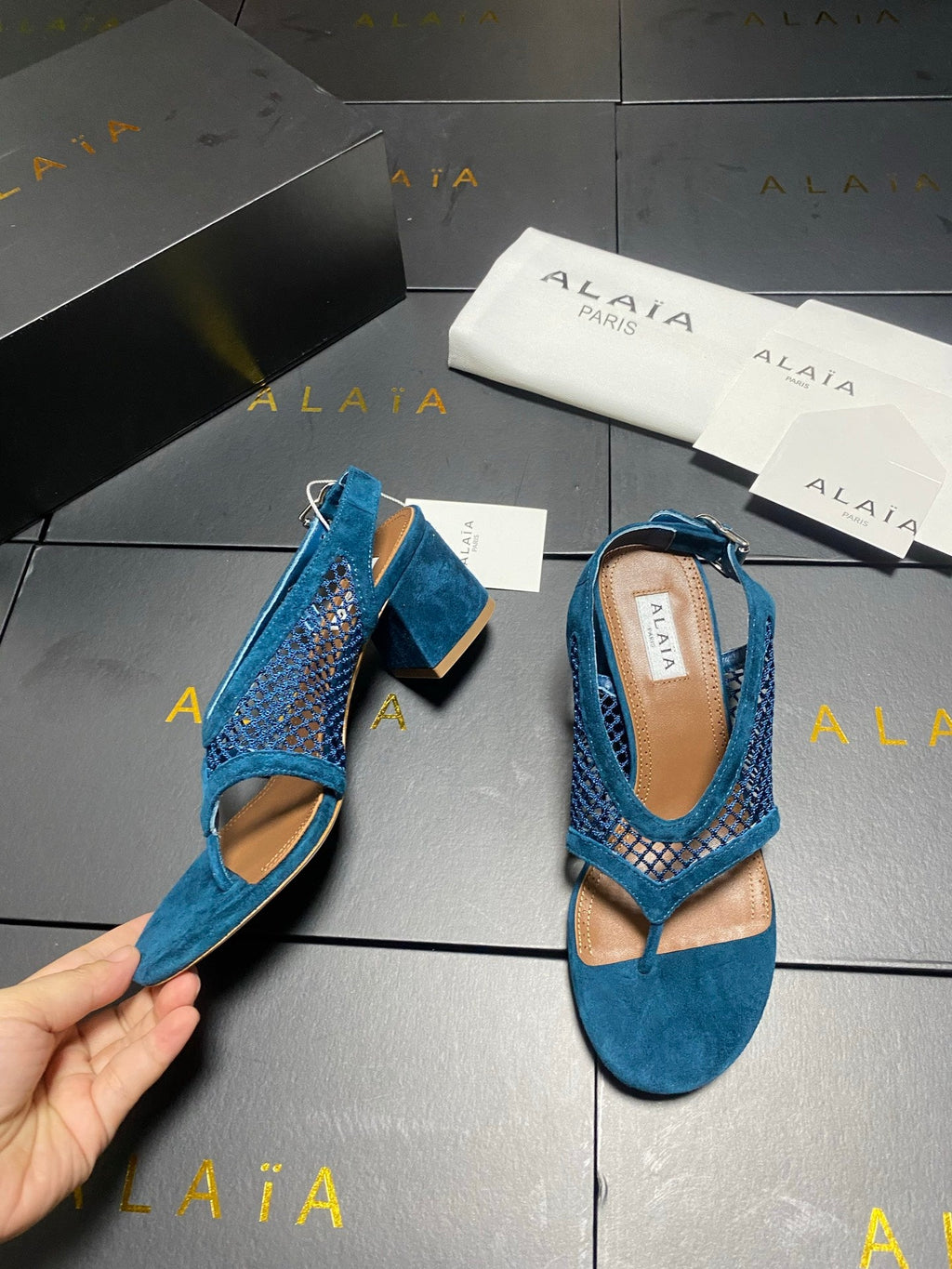ALAIA 26S MESH THONG HEELS 55 MM IN PETROL BLUE SUEDE