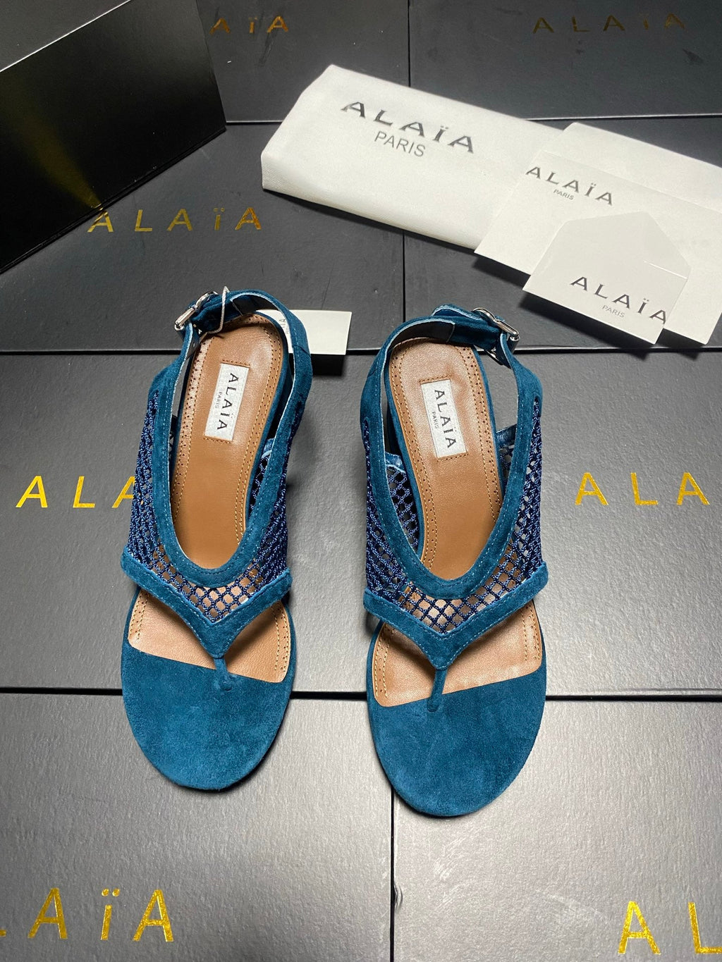 ALAIA 26S MESH THONG HEELS 55 MM IN PETROL BLUE SUEDE