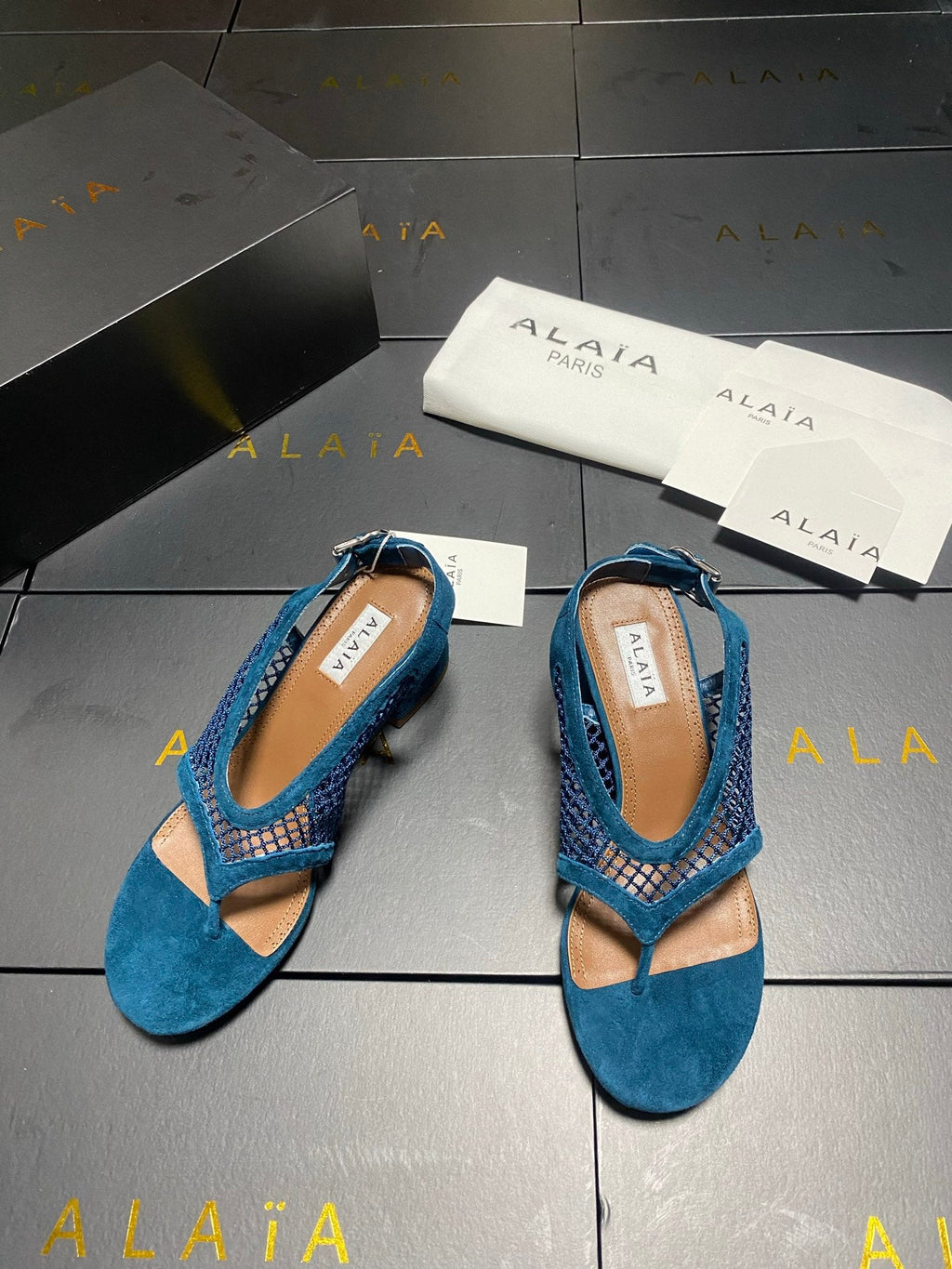 ALAIA 26S MESH THONG HEELS 55 MM IN PETROL BLUE SUEDE