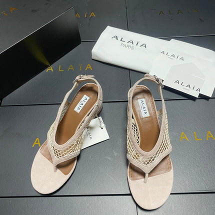 ALAIA 26S MESH THONG HEELS 55 MM IN BEIGE SUEDE
