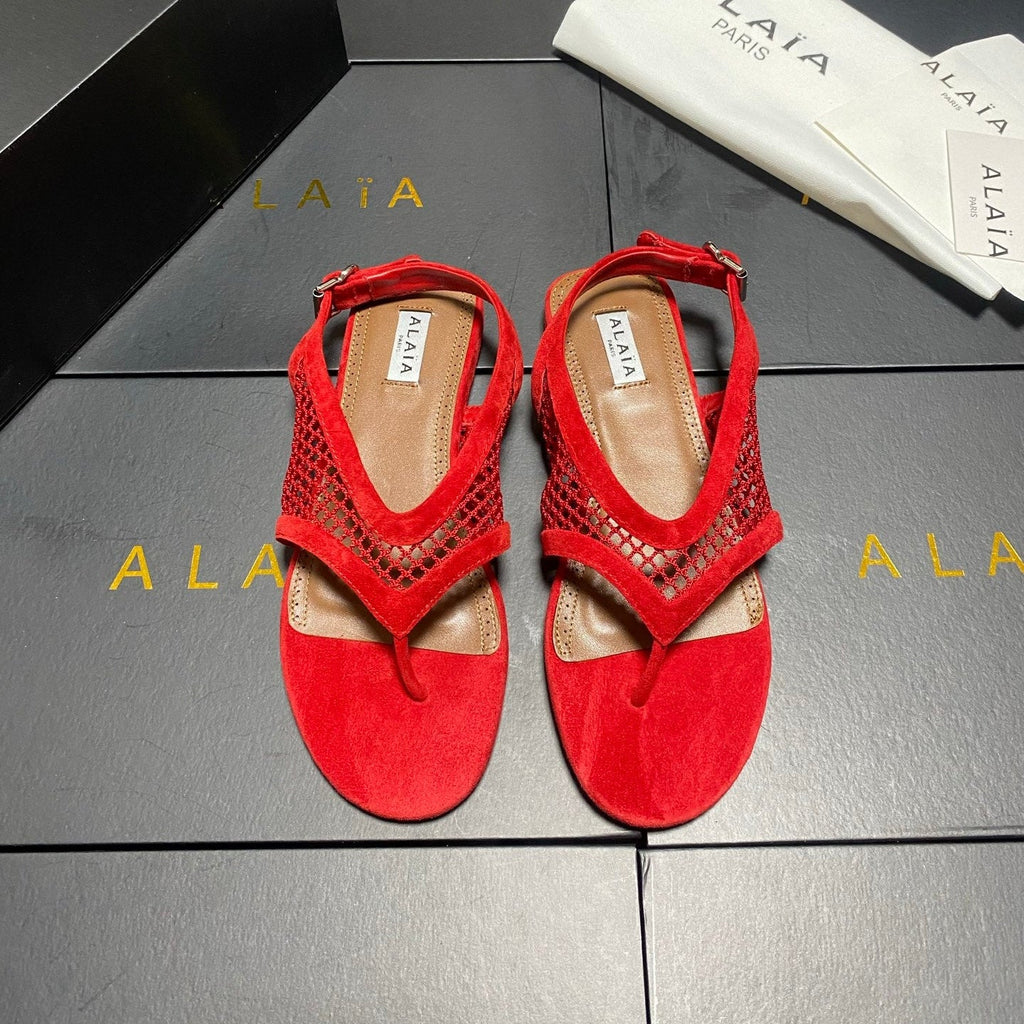 ALAIA 26S FLAT MESH THONG SANDALS IN RED SUEDE