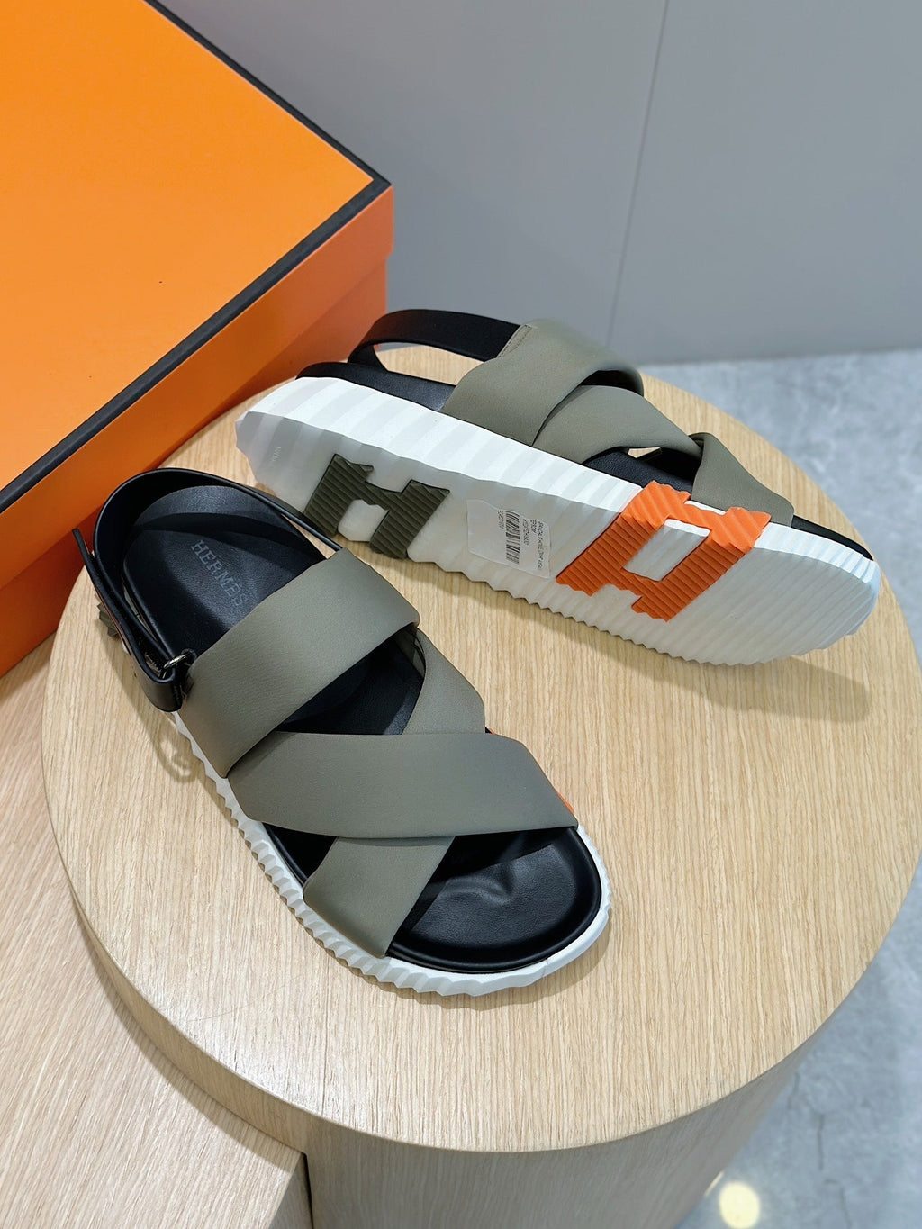 HM ELECTRIC SANDAL MOSS FABRIC AND CALFSKIN