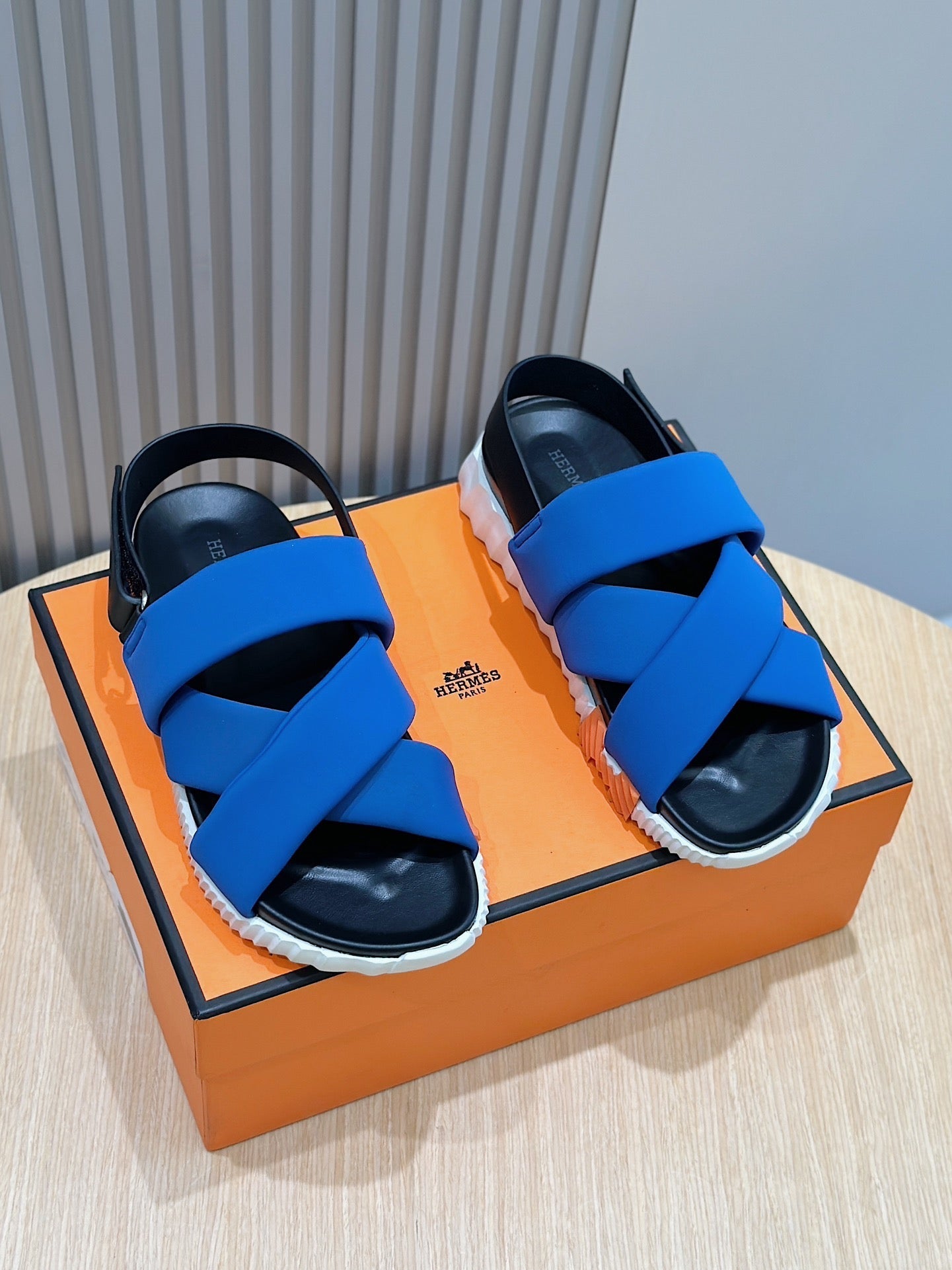 HM ELECTRIC SANDAL COBALT FABRIC AND CALFSKIN
