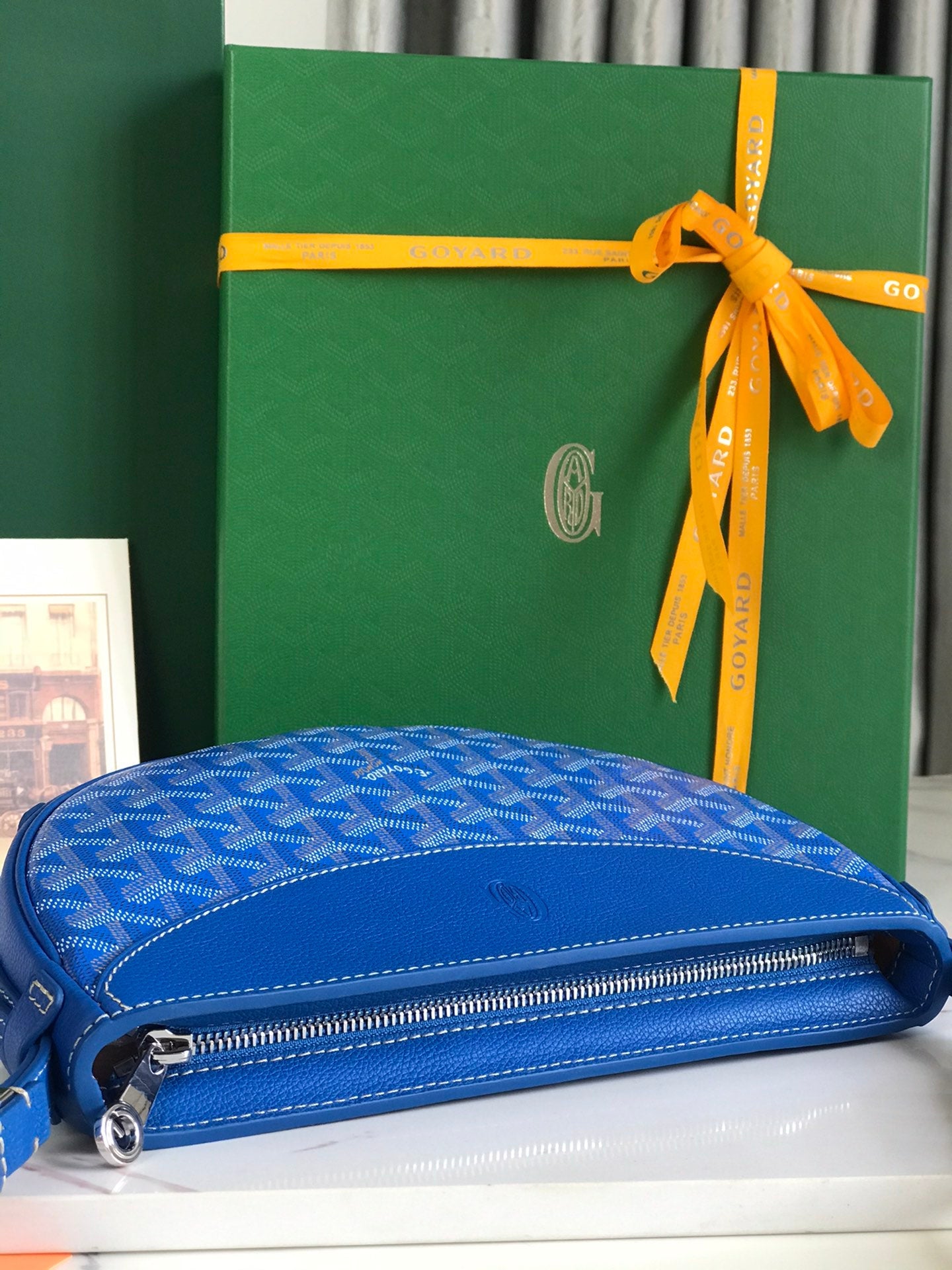 HIRONDELLE BAG 25 IN SAPPHIRE BLUE LAMBSKIN AND GOYARDINE CANVAS