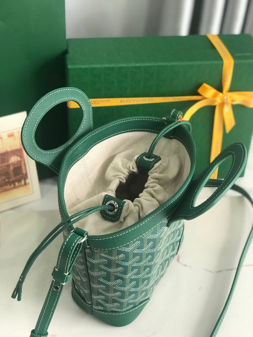 GOYA 26S BELUGA MINI BAG 23CM IN DEEP TEAL GREEN GOYARDINE CANVAS AND CALFSKIN