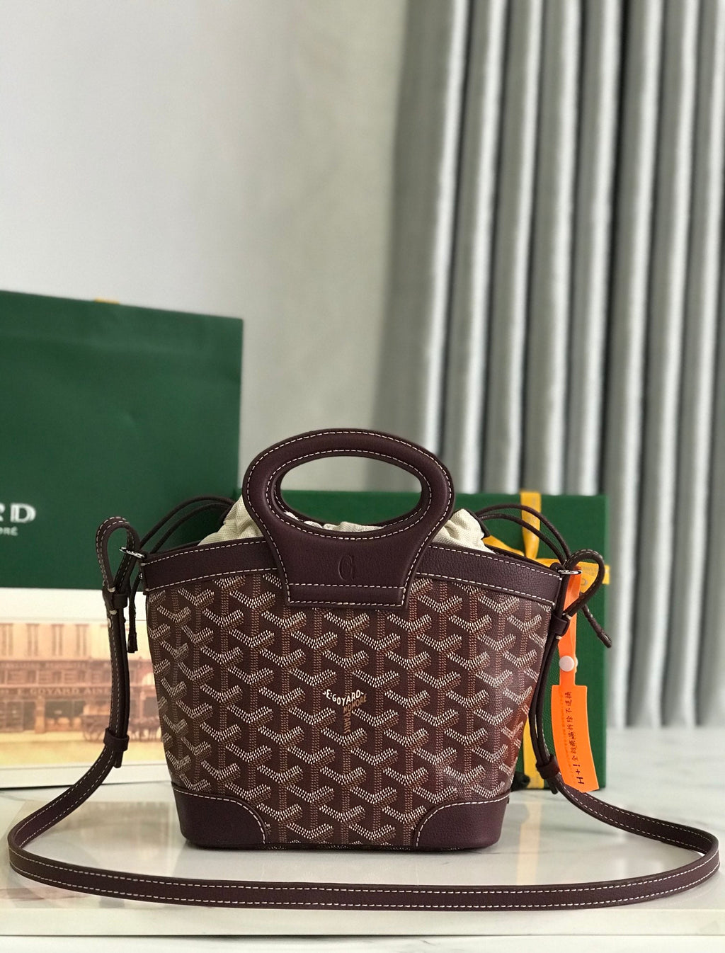 GOYA 26S BELUGA MINI BAG 23CM IN BURGUNDY BROWN GOYARDINE CANVAS AND CALFSKIN