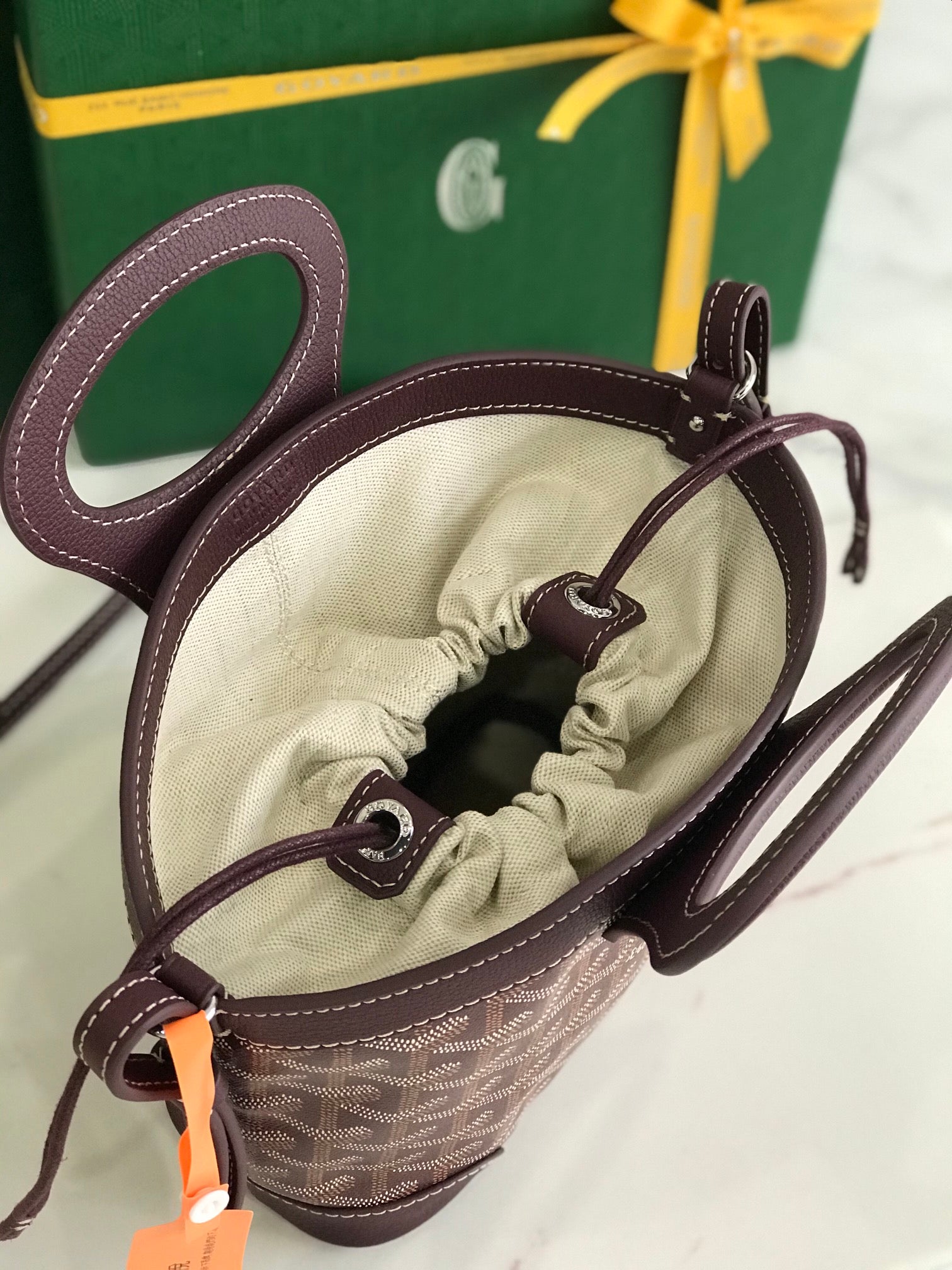 GOYA 26S BELUGA MINI BAG 23CM IN BURGUNDY BROWN GOYARDINE CANVAS AND CALFSKIN
