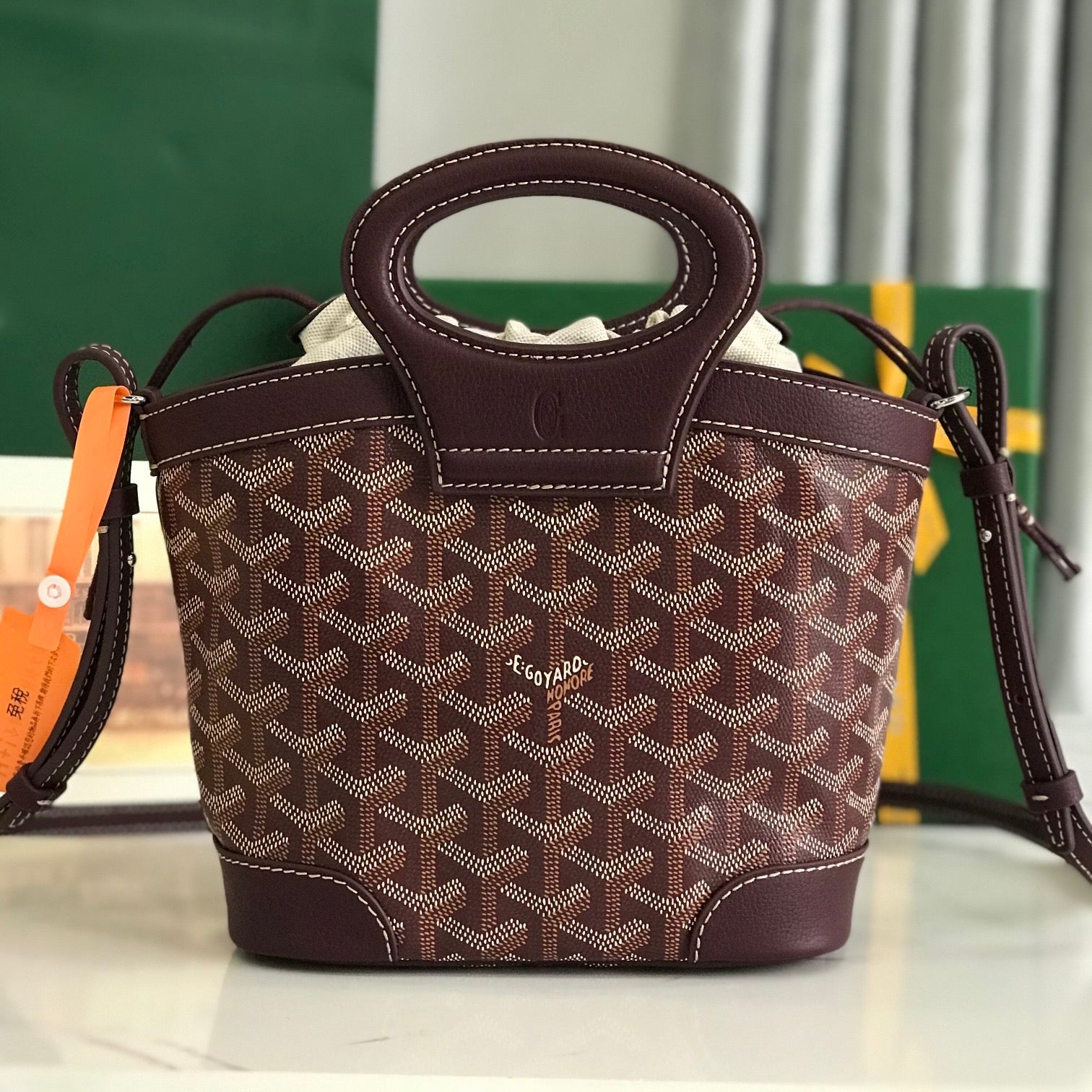 GOYA 26S BELUGA MINI BAG 23CM IN BURGUNDY BROWN GOYARDINE CANVAS AND CALFSKIN