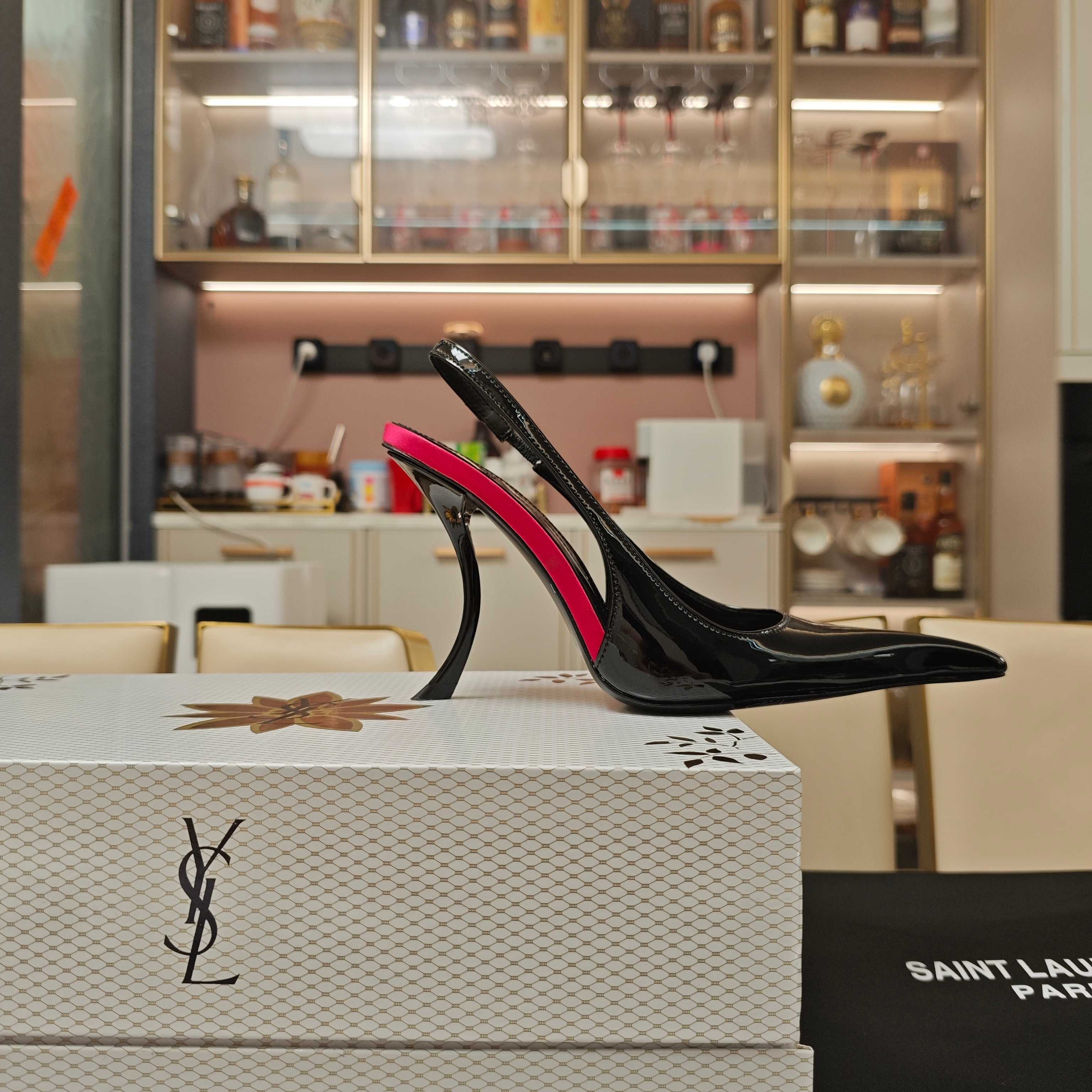 YSL SLINGBACK HIGH HEELS 100 MM IN BLACK CALFSKIN