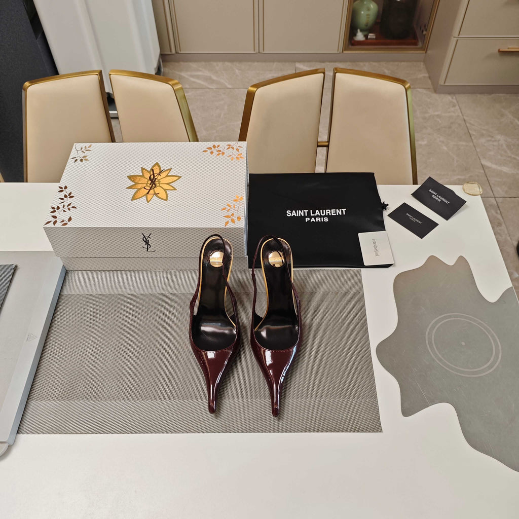 YSL SLINGBACK HIGH HEELS 100 MM IN BURGUNDY RED CALFSKIN