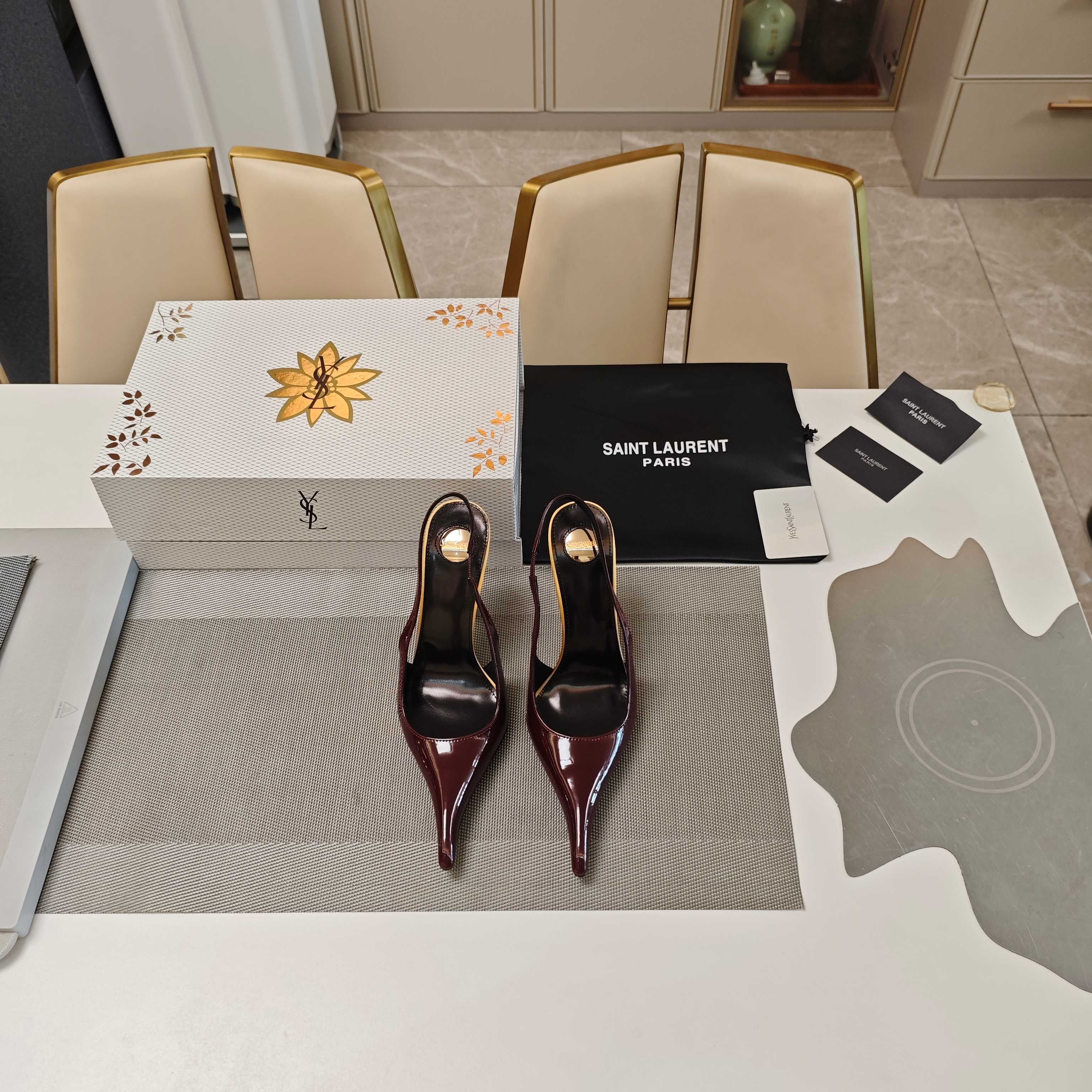 YSL SLINGBACK HIGH HEELS 100 MM IN BURGUNDY RED CALFSKIN
