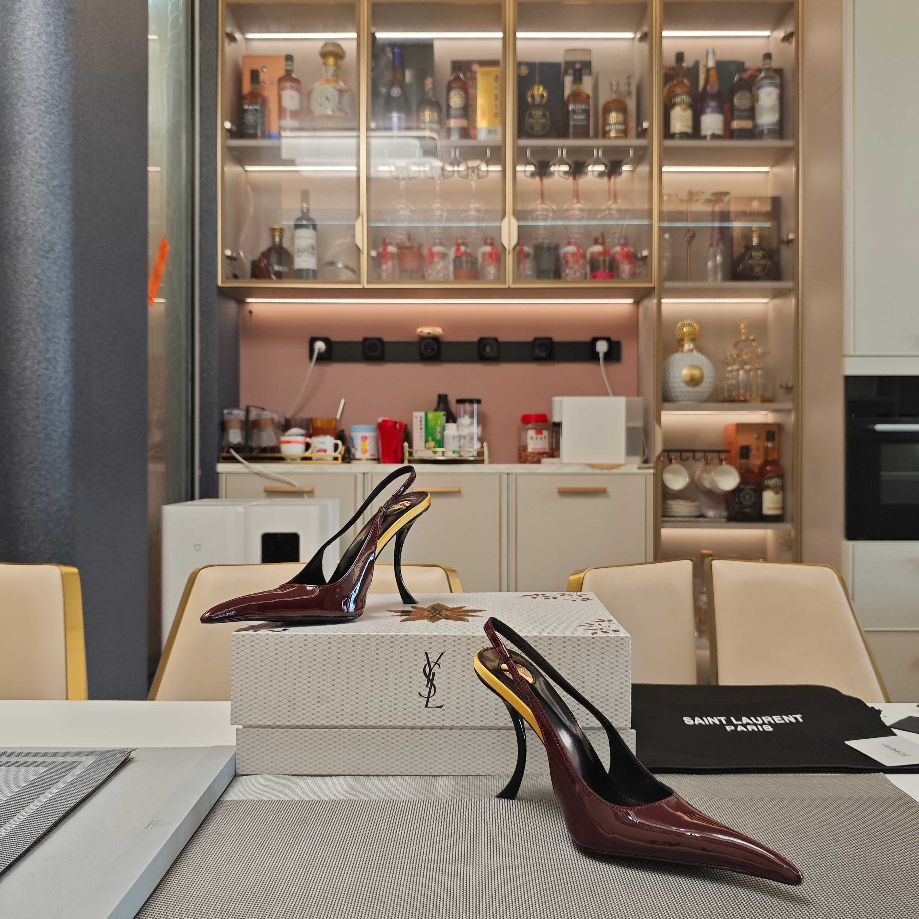 YSL SLINGBACK HIGH HEELS 100 MM IN BURGUNDY RED CALFSKIN