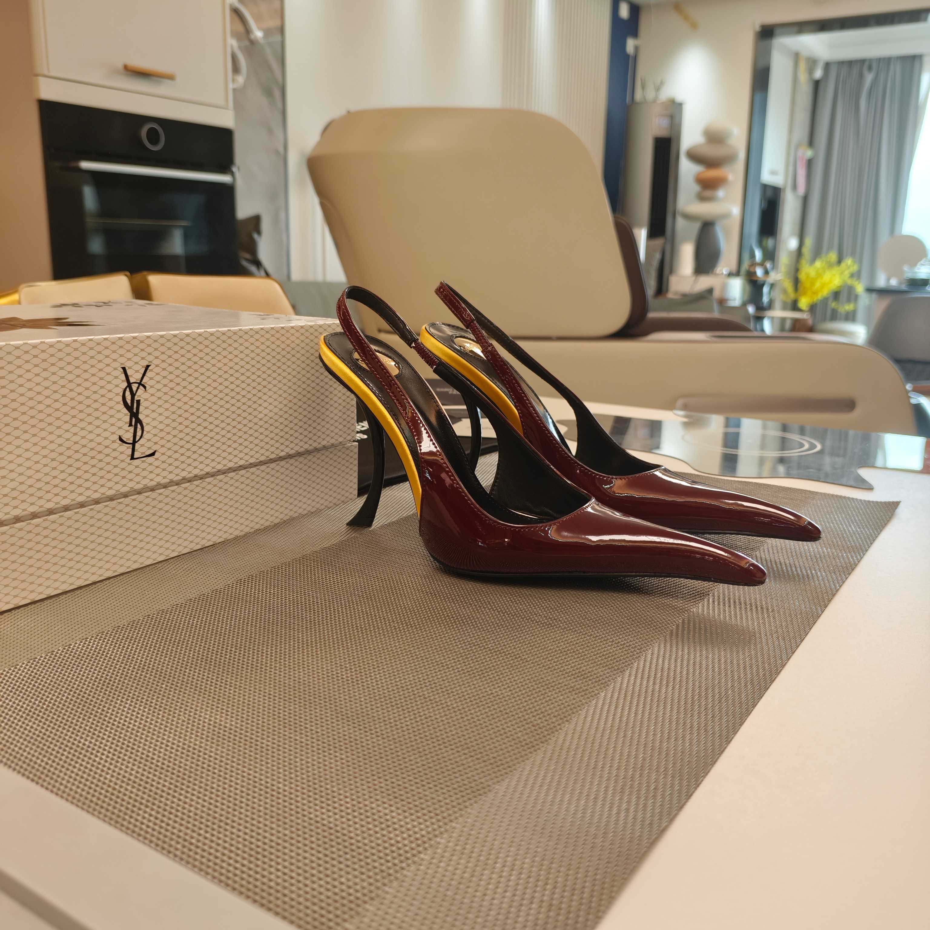 YSL SLINGBACK HIGH HEELS 100 MM IN BURGUNDY RED CALFSKIN