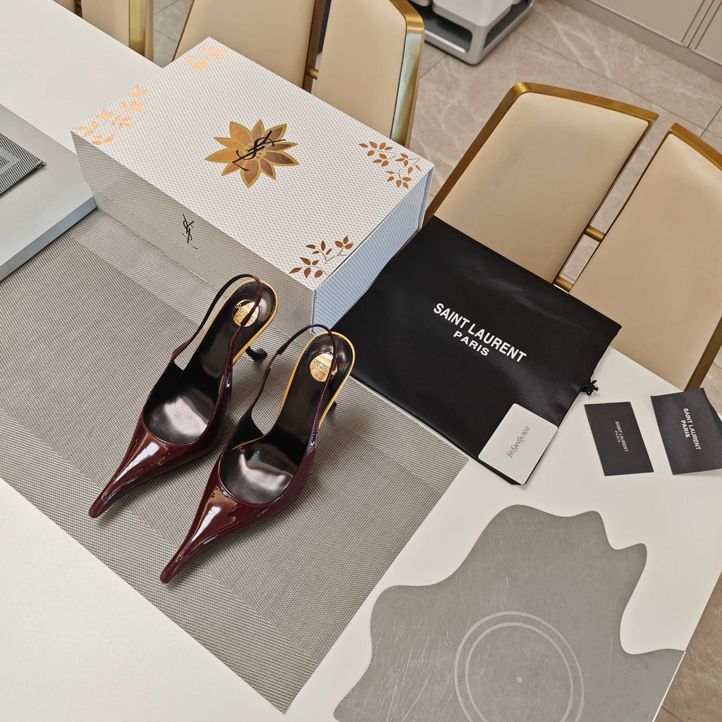 YSL SLINGBACK HIGH HEELS 100 MM IN BURGUNDY RED CALFSKIN