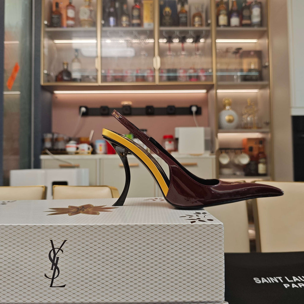 YSL SLINGBACK HIGH HEELS 100 MM IN BURGUNDY RED CALFSKIN