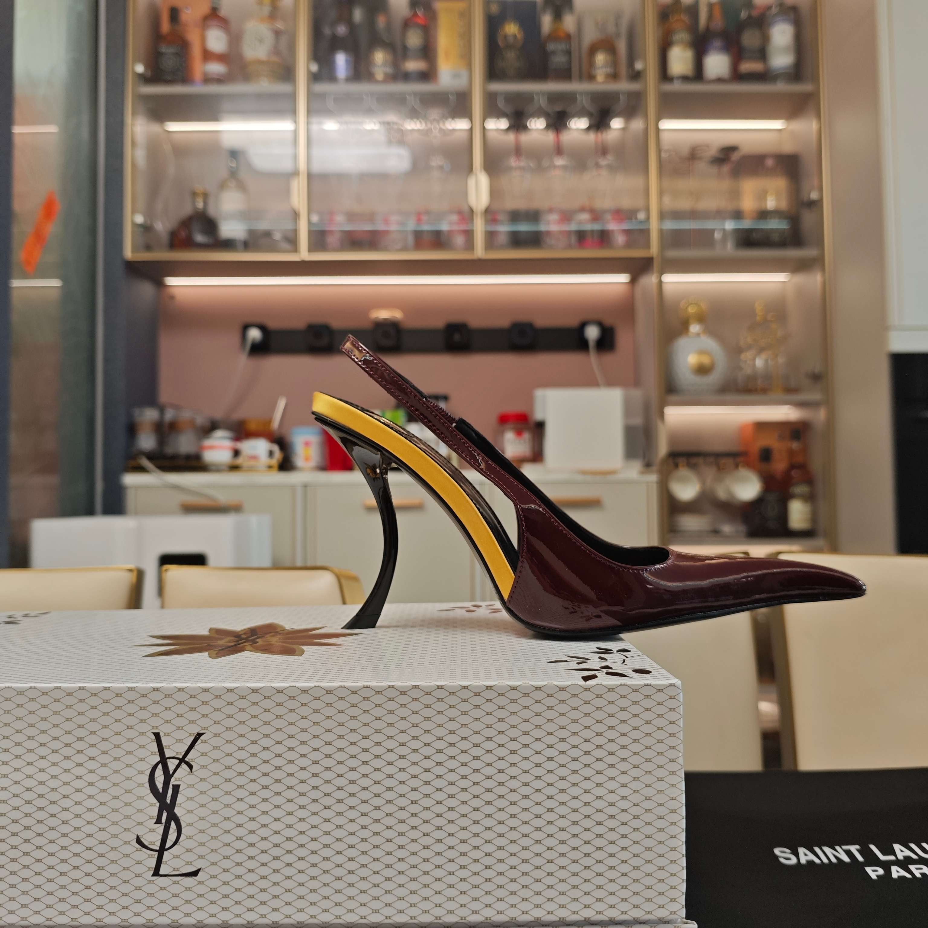 YSL SLINGBACK HIGH HEELS 100 MM IN BURGUNDY RED CALFSKIN