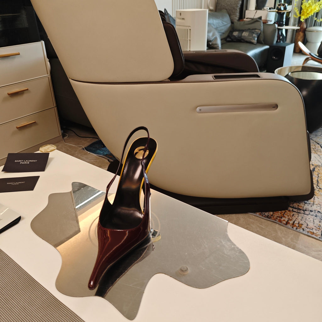 YSL SLINGBACK HIGH HEELS 100 MM IN BURGUNDY RED CALFSKIN