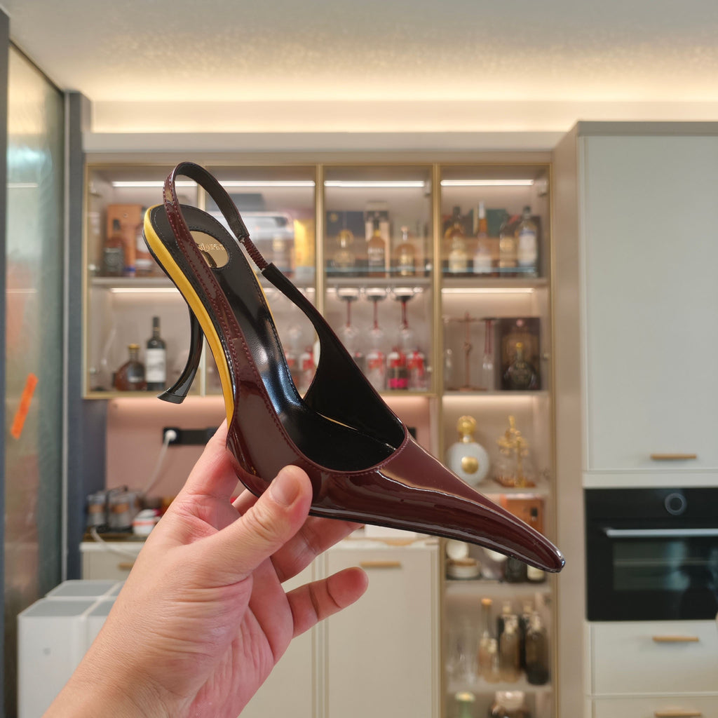 YSL SLINGBACK HIGH HEELS 100 MM IN BURGUNDY RED CALFSKIN