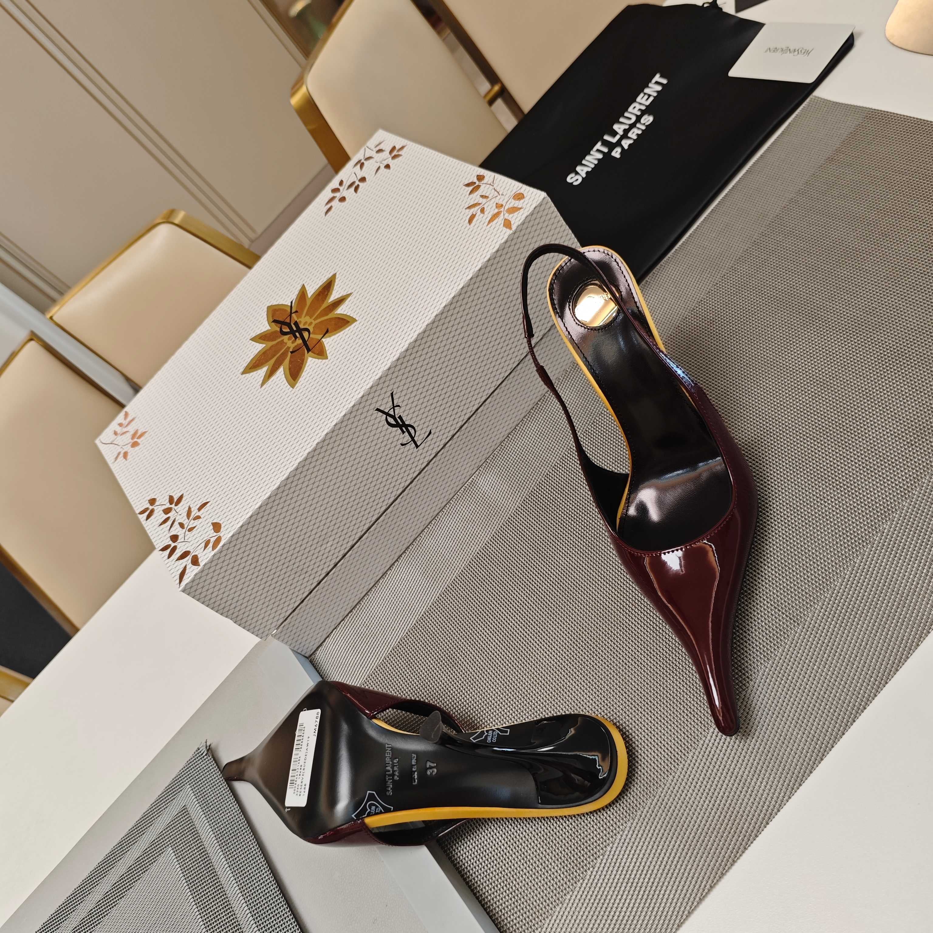 YSL SLINGBACK HIGH HEELS 100 MM IN BURGUNDY RED CALFSKIN