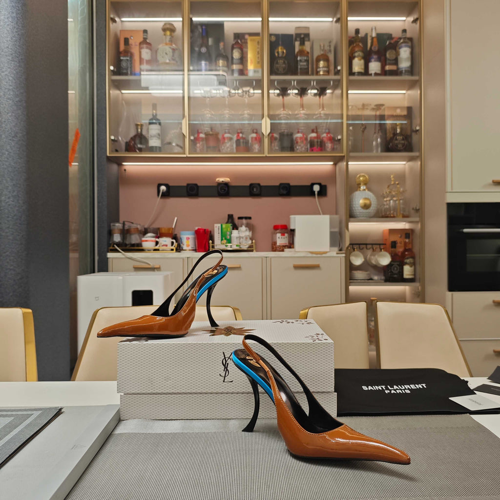 YSL SLINGBACK HIGH HEELS 100 MM IN BROWN CALFSKIN