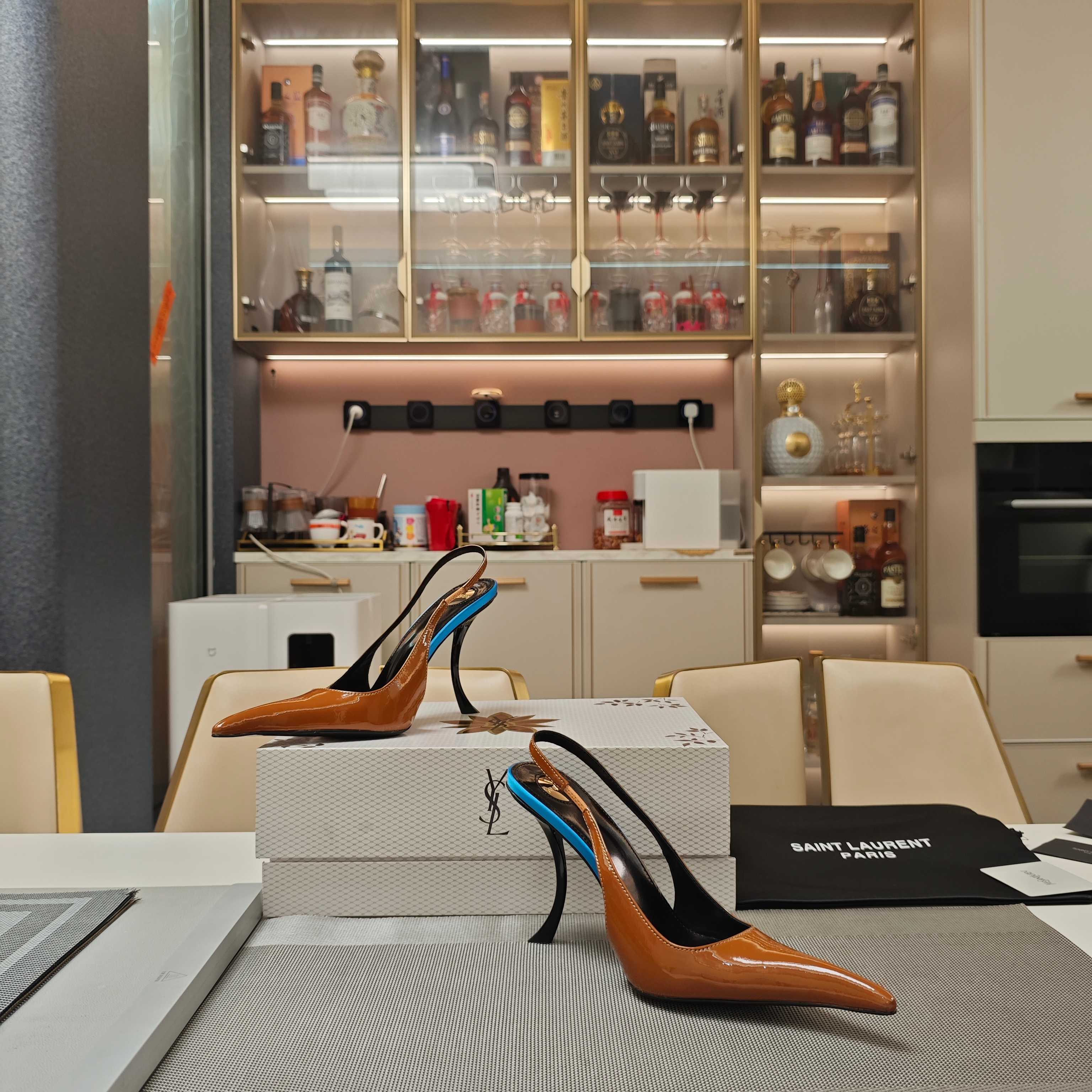 YSL SLINGBACK HIGH HEELS 100 MM IN BROWN CALFSKIN