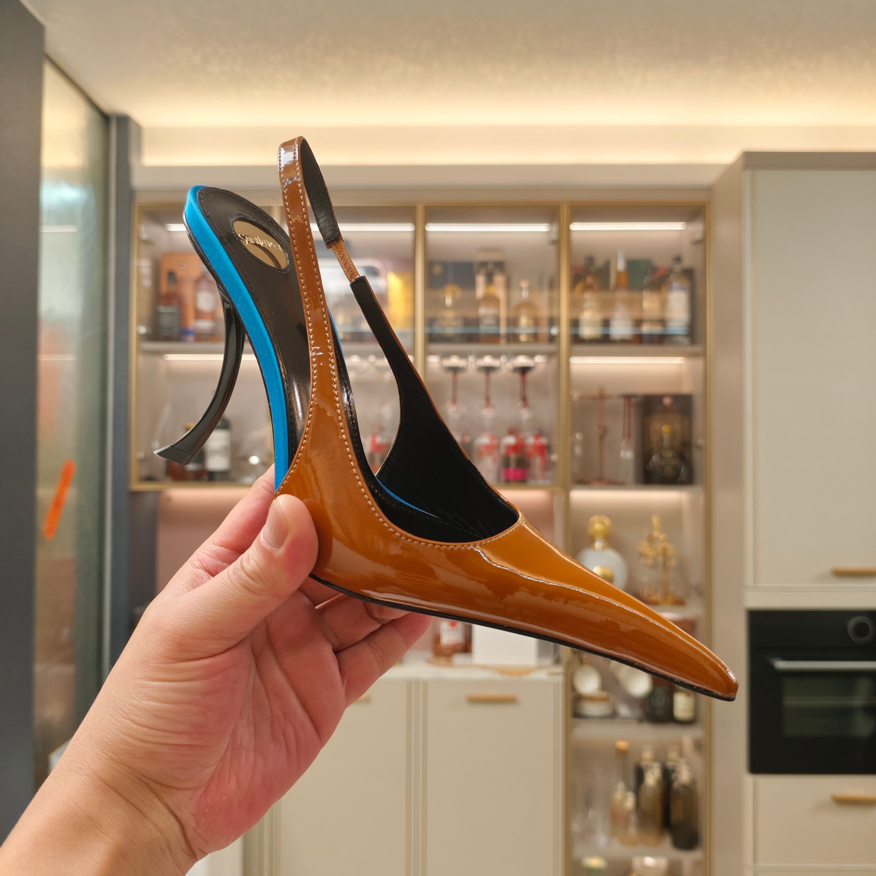 YSL SLINGBACK HIGH HEELS 100 MM IN BROWN CALFSKIN