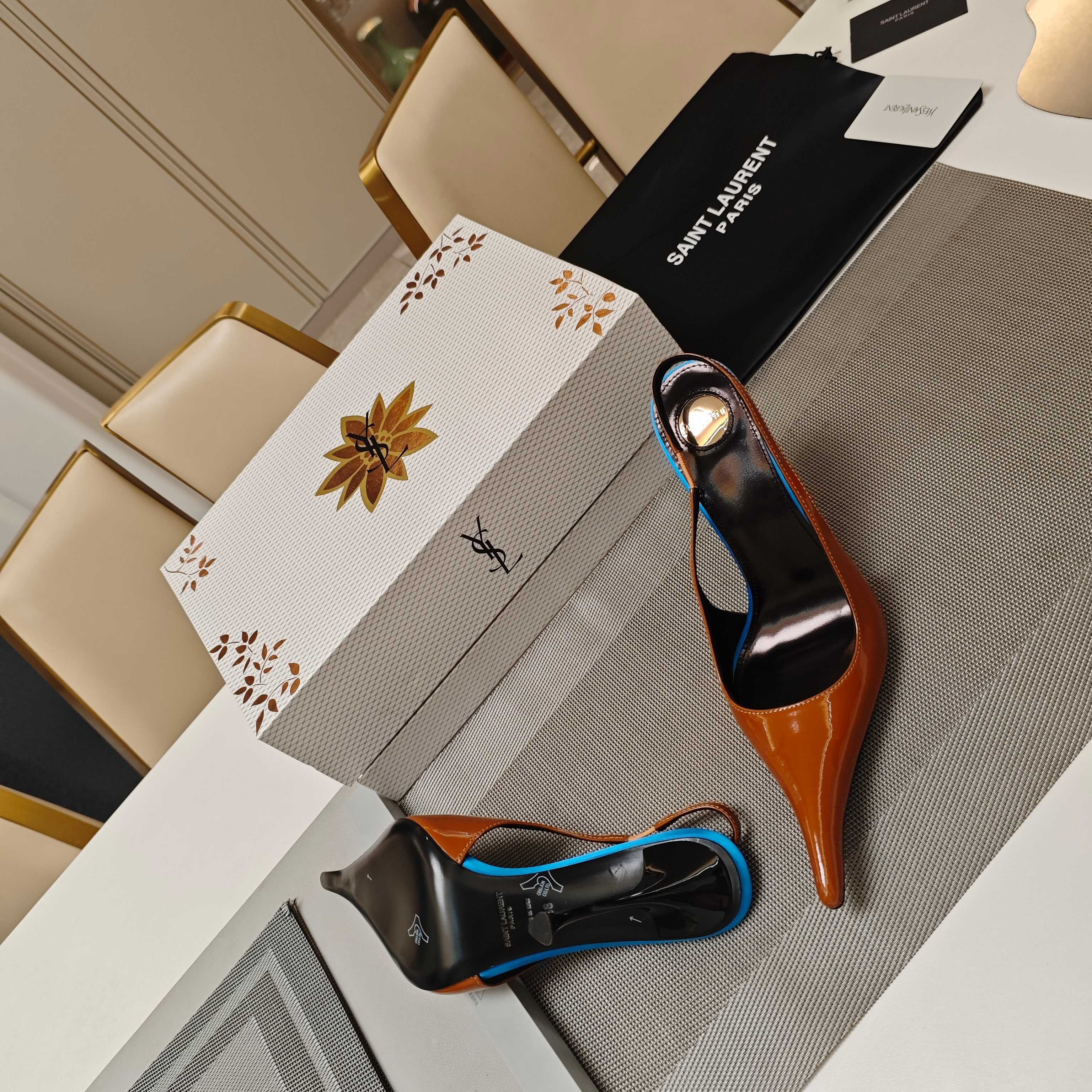 YSL SLINGBACK HIGH HEELS 100 MM IN BROWN CALFSKIN