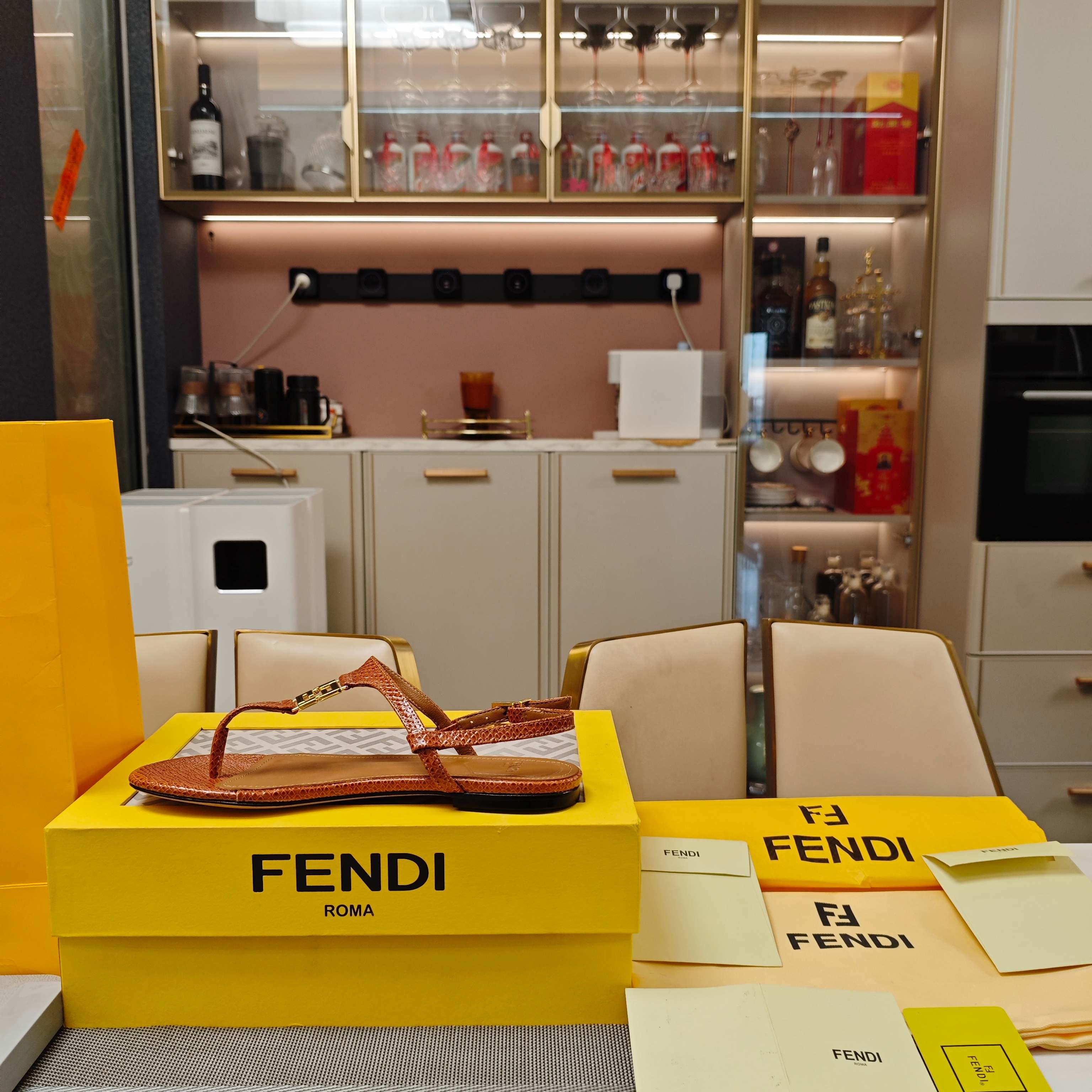 FENDI 26S FLIP-FLOP SANDALS IN LIGHT BROWN CALFSKIN