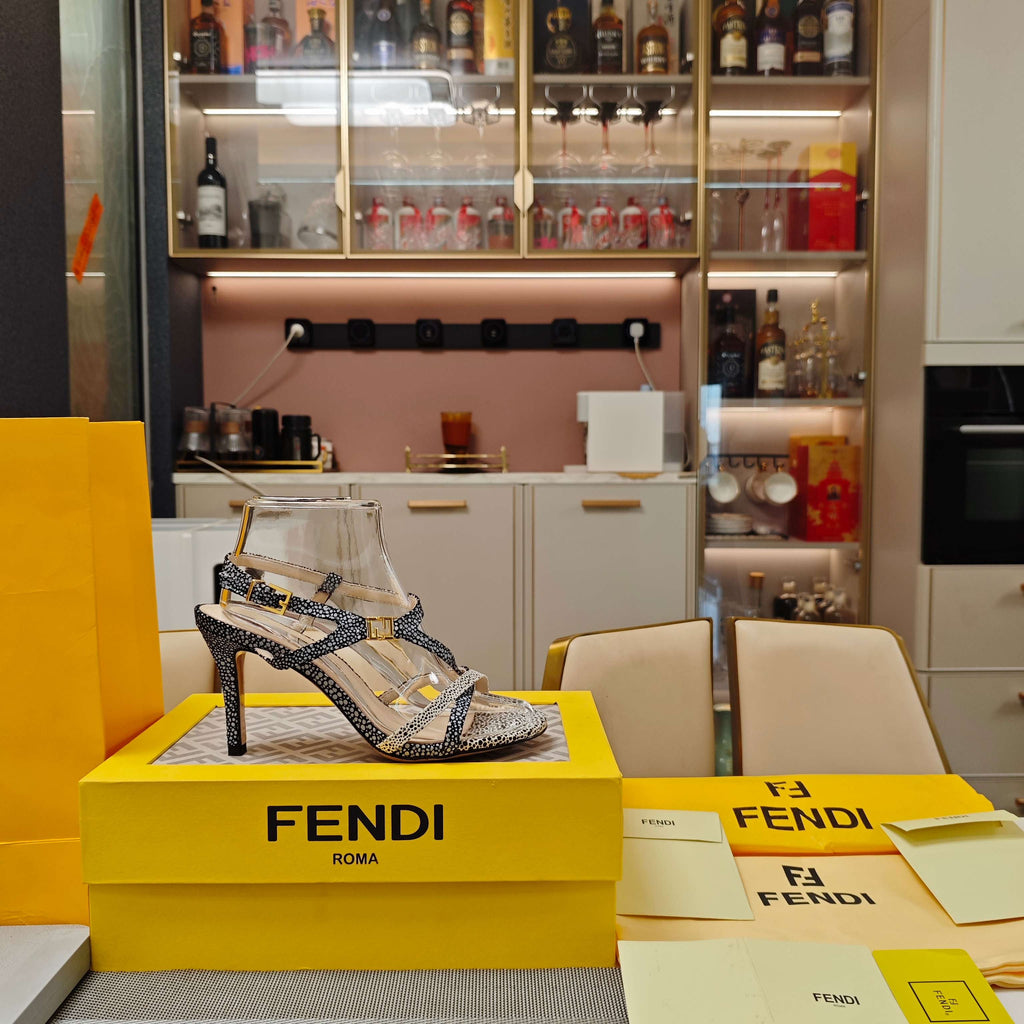 FENDI 26S HIGH-HEELED SANDALS 85 MM IN BLACK & WHITE MICRO PATTERN CALFSKIN