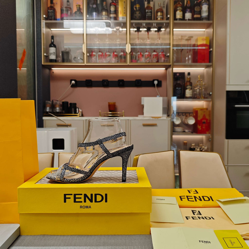 FENDI 26S HIGH-HEELED SANDALS 85 MM IN BLACK & WHITE MICRO PATTERN CALFSKIN
