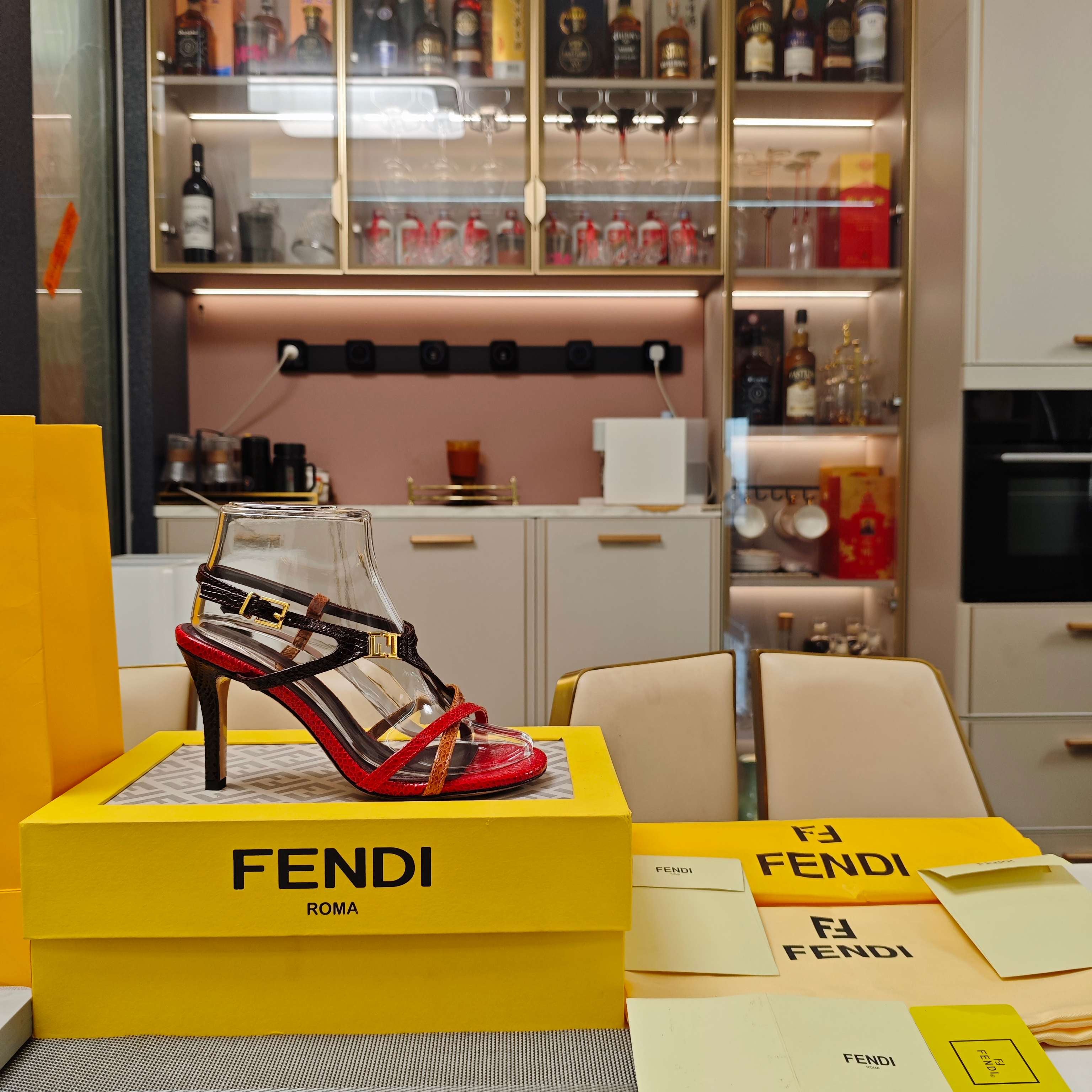 FENDI 26S HIGH-HEELED SANDALS 85 MM IN RED AND BLACK CALFSKIN