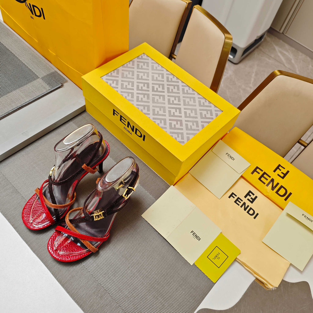 FENDI 26S HIGH-HEELED SANDALS 85 MM IN RED AND BLACK CALFSKIN