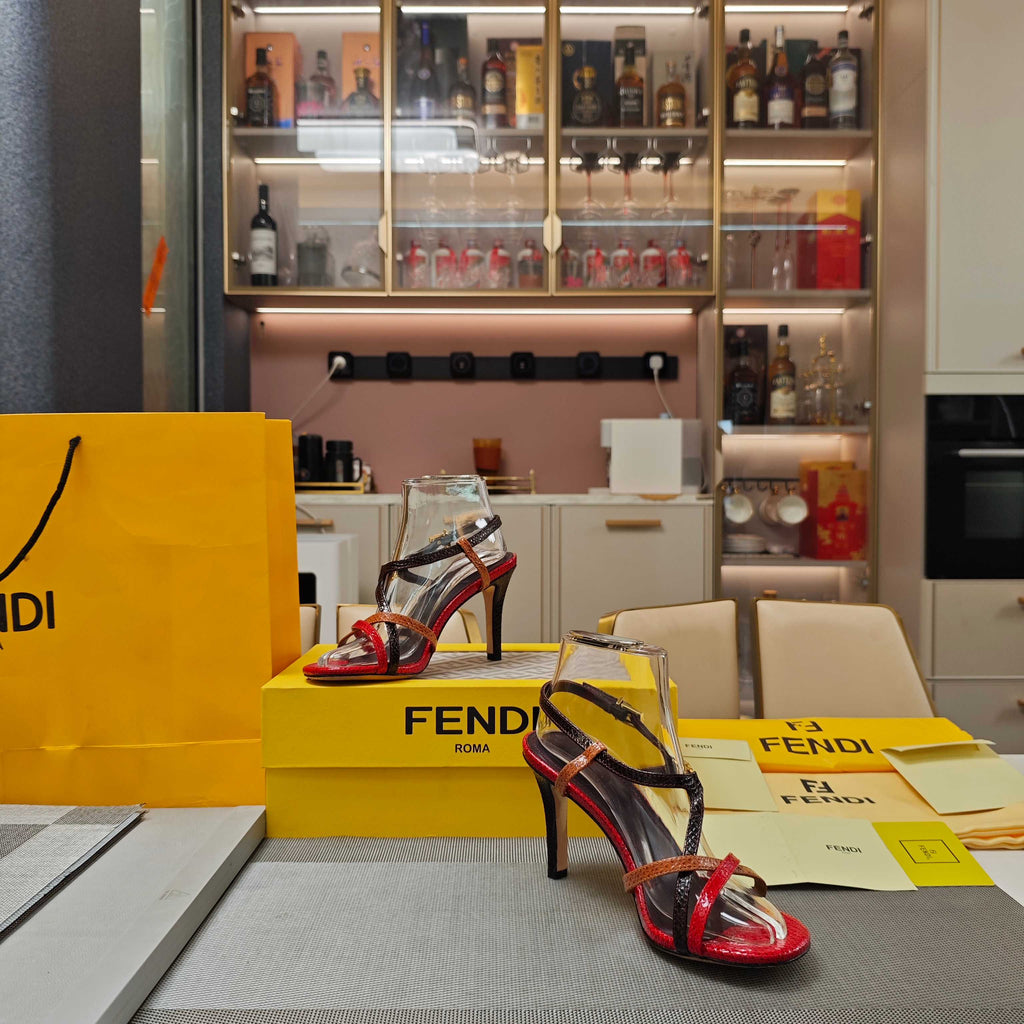 FENDI 26S HIGH-HEELED SANDALS 85 MM IN RED AND BLACK CALFSKIN