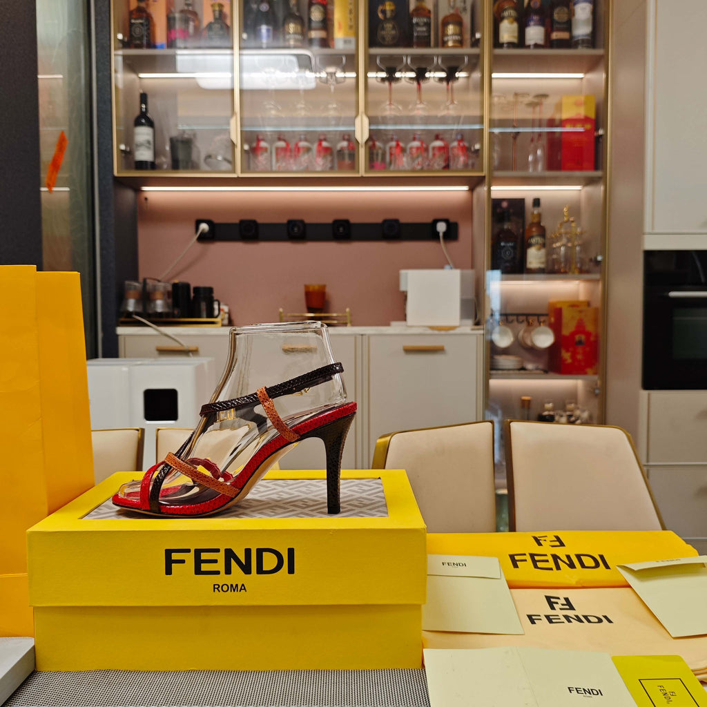 FENDI 26S HIGH-HEELED SANDALS 85 MM IN RED AND BLACK CALFSKIN