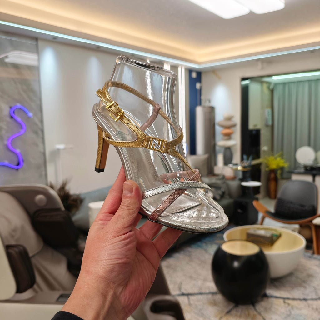 FENDI 26S HIGH-HEELED SANDALS 85 MM IN SILVER AND GOLD CALFSKIN