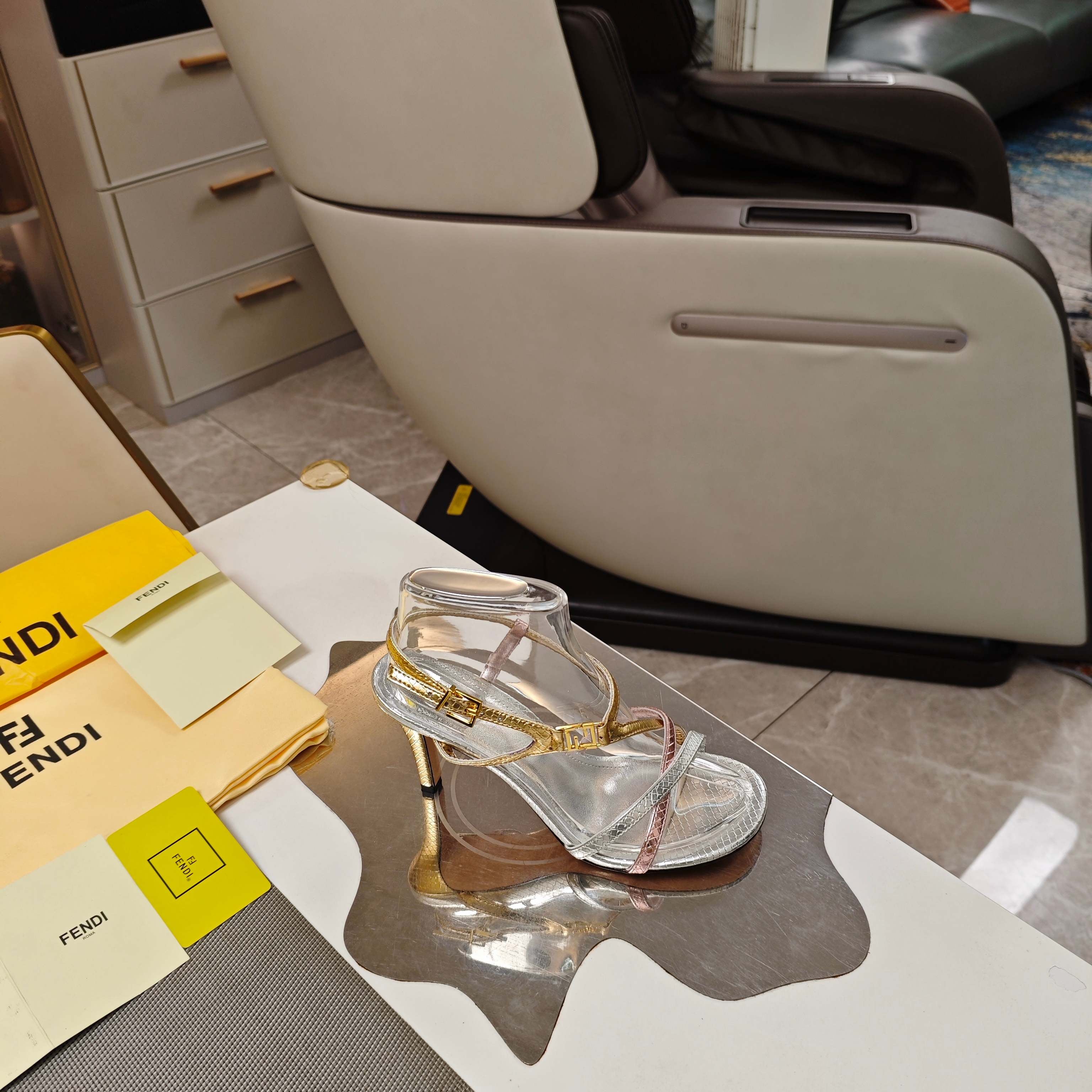 FENDI 26S HIGH-HEELED SANDALS 85 MM IN SILVER AND GOLD CALFSKIN
