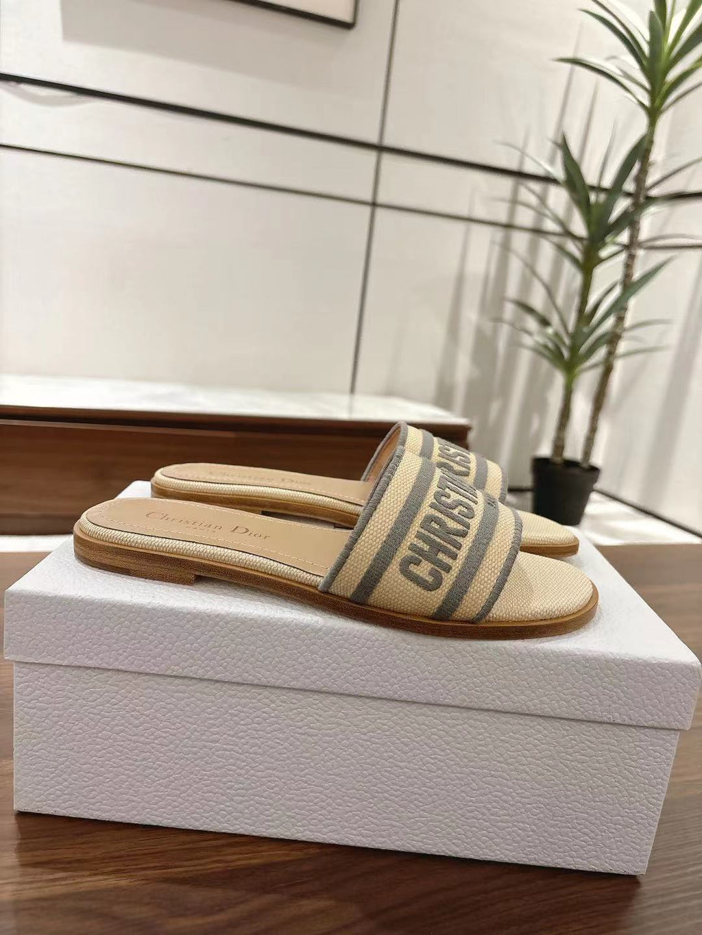 DWAY SLIDES IN BEIGE AND GRAY TECHNICAL FABRIC