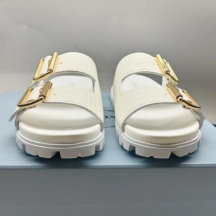 PRADA 26S STRAP SLIDES IN IVORY WHITE CROC EMBOSSED CALFSKIN GOLD HARDWARE