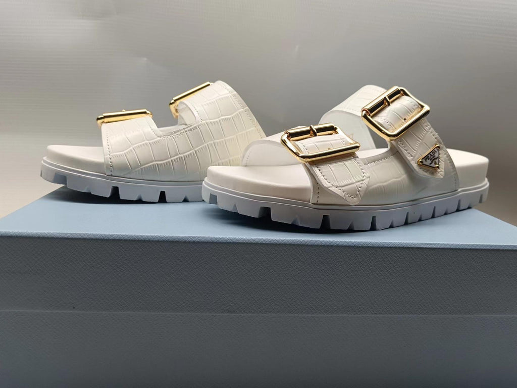 PRADA 26S STRAP SLIDES IN IVORY WHITE CROC EMBOSSED CALFSKIN GOLD HARDWARE