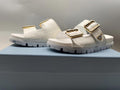 PRADA 26S STRAP SLIDES IN IVORY WHITE CROC EMBOSSED CALFSKIN GOLD HARDWARE