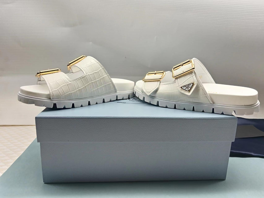 PRADA 26S STRAP SLIDES IN IVORY WHITE CROC EMBOSSED CALFSKIN GOLD HARDWARE