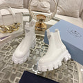 PRADA 26S MONOLITH CHELSEA BOOTS IN WHITE CALFSKIN AND FABRIC