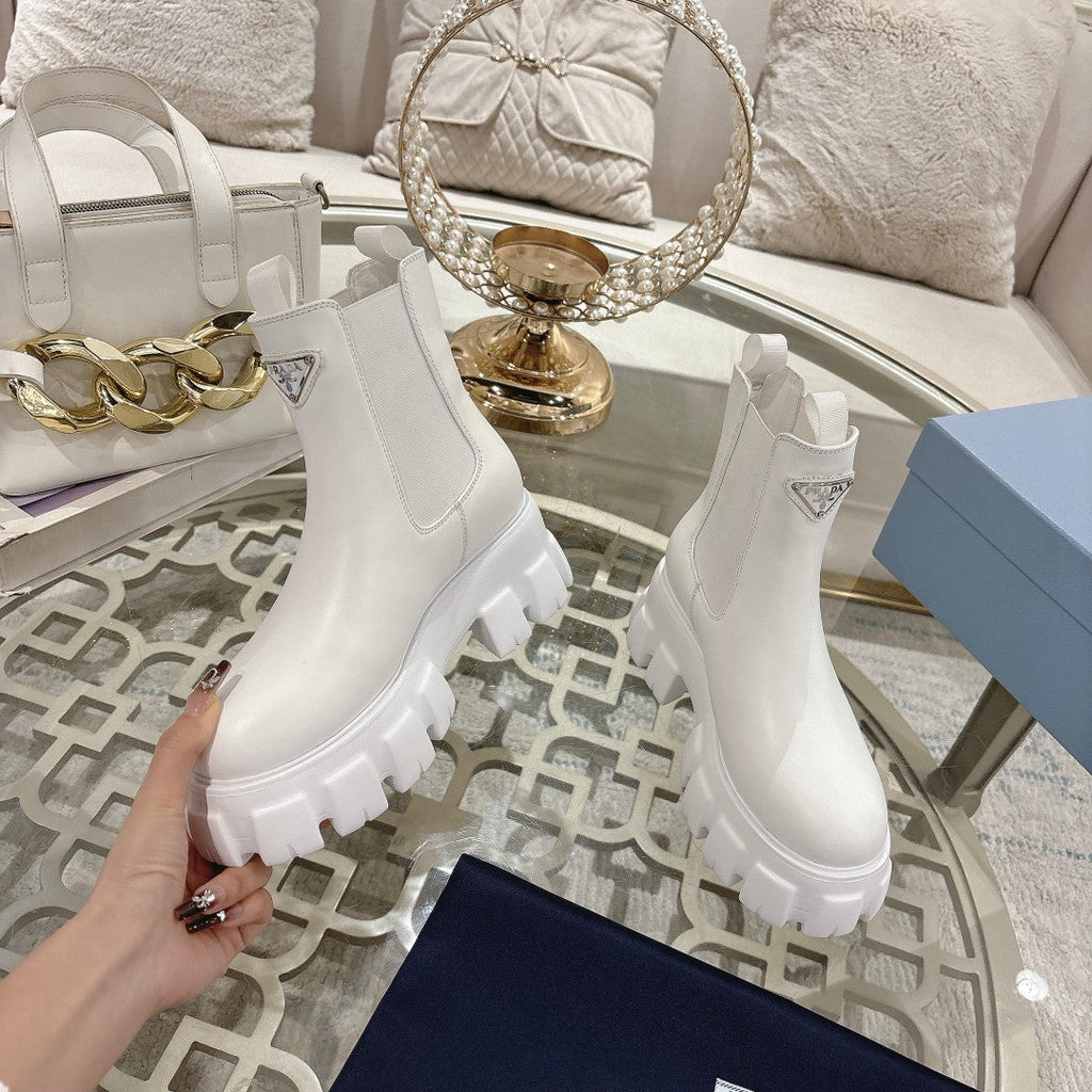 PRADA 26S MONOLITH CHELSEA BOOTS IN WHITE CALFSKIN AND FABRIC