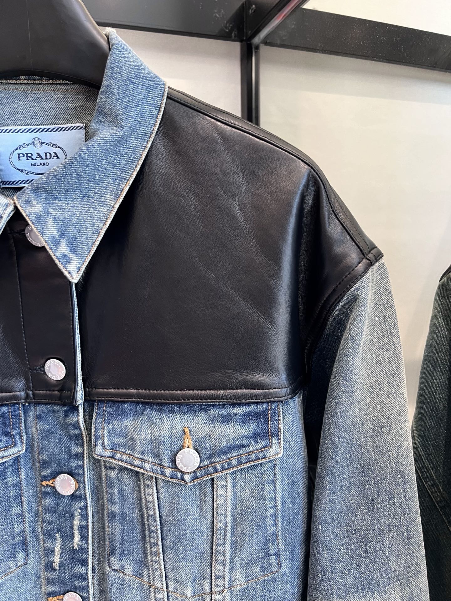 PRADA 25ST LEATHER JACKET WITH DENIM PATCHWORK 321