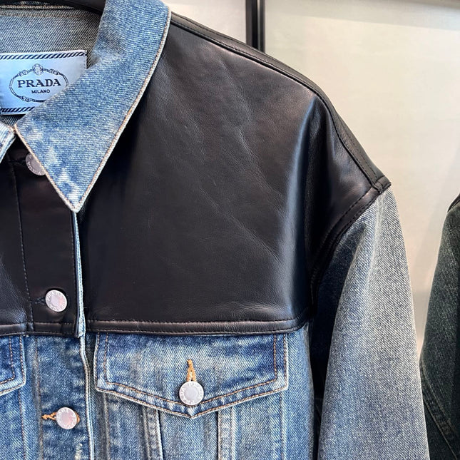 PRADA 25ST LEATHER JACKET WITH DENIM PATCHWORK 321