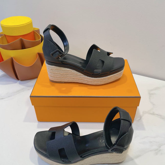 HM 26S ESPADRILLE WEDGE SANDALS IN BLACK CALFSKIN