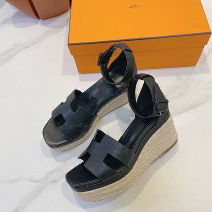 HM 26S ESPADRILLE WEDGE SANDALS IN BLACK CALFSKIN